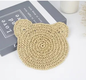 Handwoven paper rope bear coaster cute crochet placemat heat resistant table mat kitchen decor