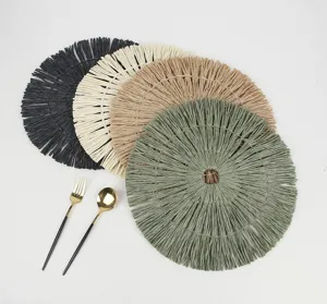 Round paper braided fringe placemats set, stylish table heat insulation pads for home decor.