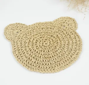 Handcrafted paper rope bear shape coaster natural straw woven placemat cute table mat detail