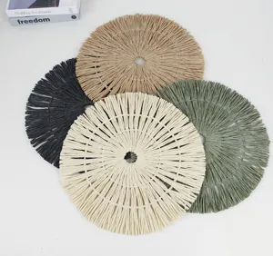 Round paper woven fringe placemats set, anti-slip heat insulation table mats for dining room.