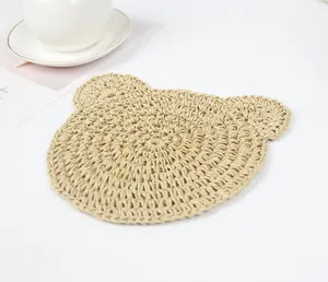 Hand-woven paper rope bear coaster, cute crochet placemat for table decoration and insulation.
