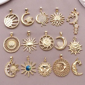 Gold-plated sun and moon pendant charms, micro-pave zircon DIY necklace jewelry accessories.