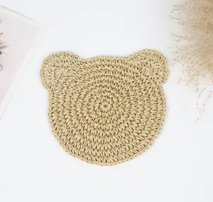 Handcrafted straw crochet bear coaster cute woven placemat kitchen table heat insulation mat