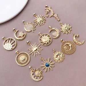 18k gold plated sun moon zircon pendant charms set, micro pave celestial DIY jewelry findings