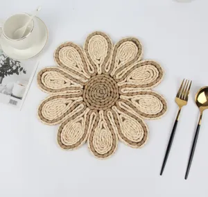 Handwoven straw flower placemat table mat natural braided woven wall hanging decor.