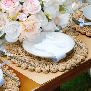 Natuurlijke ronde mais geweven placemat tafelmat voor mooie bruiloft feest decoratie