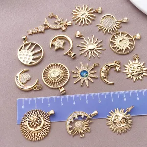 DIY Jewelry Accessories Copper 18K Gold Plated Zirconia Sun Moon Star Pendant Charms Retro Celestial Necklace Decoration