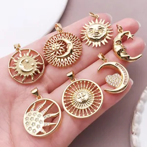 DIY 18k gold plated copper sun moon zirconia pendants charm vintage celestial jewelry making