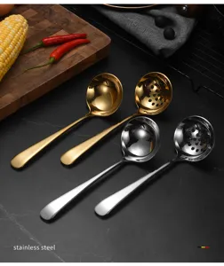 Stainless steel hot pot soup spoon and colander detail shot, gold and silver kitchen tools.