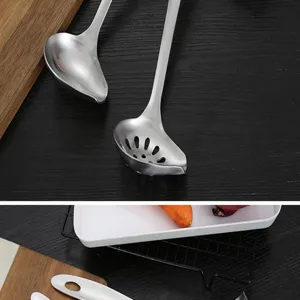 Stainless steel slotted spoon oil ladle detail, thick long handle kitchen tool for hot pot soup.