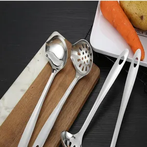 Stainless steel kitchen ladle set, long handle soup spoon and colander for hot pot cooking.