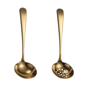Gold 304 stainless steel soup ladle and colander set for home kitchen hot pot use.