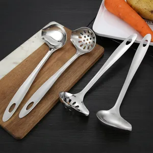 Stainless steel soup spoon and colander set with long handle for kitchen cooking tools.