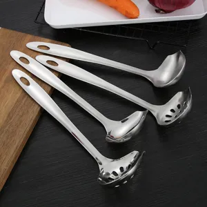Stainless steel kitchen soup ladle and colander set with long handle for hot pot cooking.