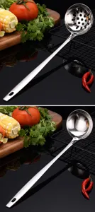 Stainless steel soup spoon and slotted ladle with long handle, perfect for kitchen cooking and hot pot.