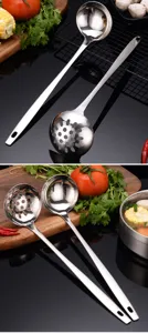 Stainless steel soup ladle and slotted spoon detail with long handle and polished surface.