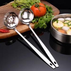 Stainless steel soup spoon and slotted spoon set, long handle kitchen cooking tool.