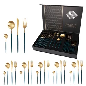 Set di posate in acciaio inossidabile con confezione regalo di lusso, posateria lucida blu e oro.