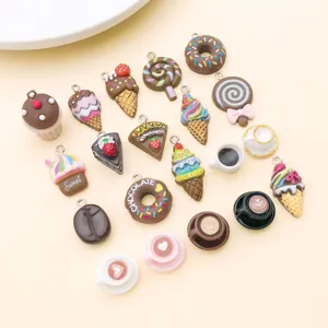 Detailed view of resin miniature dessert charms, featuring cute donuts, cakes, and ice cream.