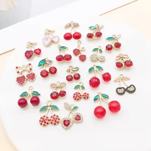 Alloy Fruit Cherry Charms With Rhinestone Enamel Pendants For DIY Necklace Earrings Jewelry Making Accessories For Women