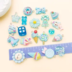 Blue resin charms set, cute cartoon animal food pendants for DIY jewelry making crafts.