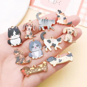 Detailed close-up showing various cute cat and dog alloy enamel charms for DIY jewelry making.