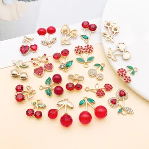 DIY crystal cherry alloy pendants red fruit charms for necklace earrings jewelry.
