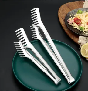 Stainless steel noodle tong comb shaped food clip for pasta, BBQ and buffet daily use.
