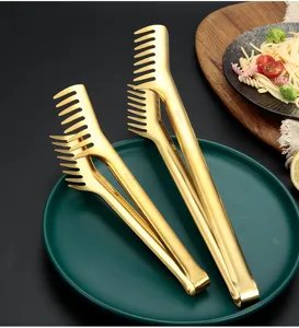 Close-up of premium gold stainless steel comb food tongs displaying fine finish and detail.