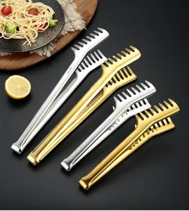 Stainless steel pasta tongs comb food clip kitchen barbecue steak buffet tool silver gold