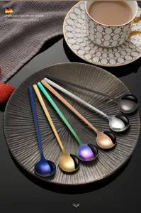 Cucchiai rotondi con manico lungo in acciaio inox, colorati, per caffè, dessert e miele.