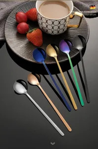 Cucchiaio rotondo a manico lungo in acciaio inossidabile per caffè e dessert, posate resistenti.