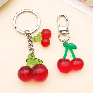 Cute acrylic red cherry keychain pendant set, mini fruit charm for DIY handmade crafts.
