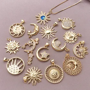 Exquisite 18K gold plated sun moon star pendant charms, cubic zirconia DIY jewelry making accessories.