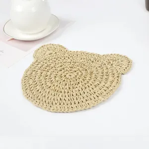Cute bear shaped paper rope woven coaster, handmade crochet placemat, rustic kitchen table mat