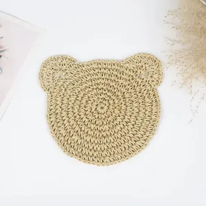 Handmade crochet bear shaped straw coaster cute paper rope table placemat heat insulation