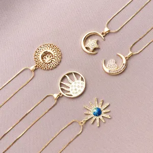 Gold plated sun moon star pendant necklace set, micro inlaid cubic zirconia delicate jewelry.