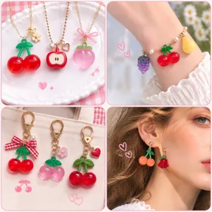 Cute acrylic fruit necklace bracelet keychain earring set, vibrant cherry apple peach design.