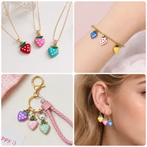 Roestvrij staal verguld kleurrijk emaille aardbei sieraden set ketting armband oorbellen