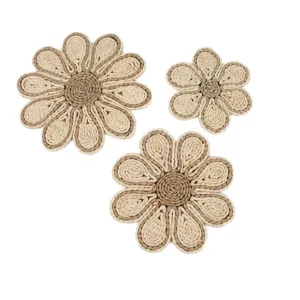 Handmade straw woven flower placemats and coasters, boho style natural table decor set.