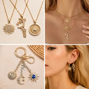 DIY 18k gold plated sun moon zircon pendant necklace vintage jewelry accessories set for women