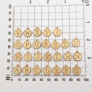 Detailed size grid view of champagne enamel double-sided letter alphabet charms for DIY jewelry.