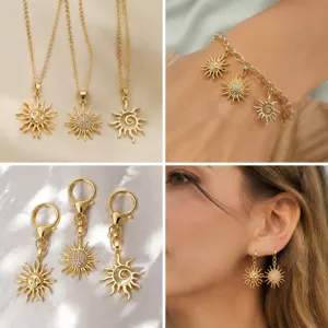 Dettaglio gioielli in zircone sole dorato, collana elegante, braccialetto e orecchini.
