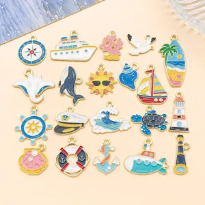 Vintage Ozean Serie Emaille Zinklegierung Charms Nautischer Stil Muschel Schildkröte Segelboot Leuchtturm Anhänger Für DIY Schmuckherstellung Basteln Schlüsselbund Zubehör