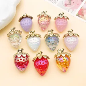 Colorful acrylic resin 3D strawberry pendants charms for DIY handmade jewelry crafting accessories.