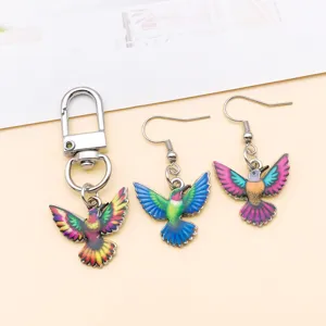 Colorful hummingbird alloy pendant keychain and earrings jewelry DIY accessories set details.