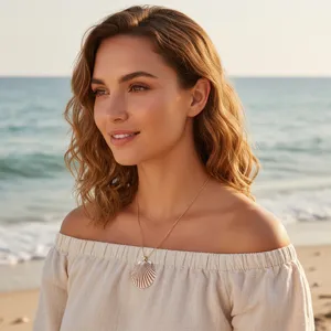 Elegant seashell pendant necklace featuring a delicate gold chain and beach inspired style.