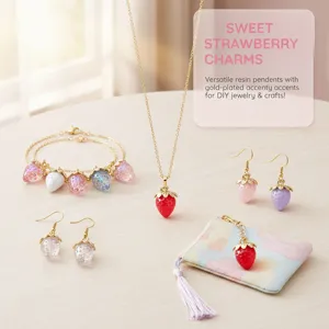 DIY strawberry jewelry charms set featuring resin fruit pendants, necklaces, bracelets and earrings.