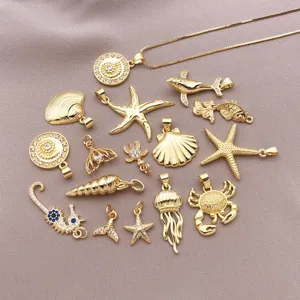 Gold plated ocean theme pendant charm set featuring starfish, shell, and sea animals for jewelry.