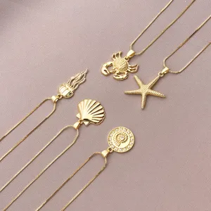 Gold-plated ocean theme pendant detail showing starfish, jellyfish and seashell jewelry charms.